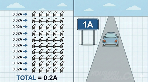 LED5直列を10列で50LEDの回路はダイオード1Aで十分