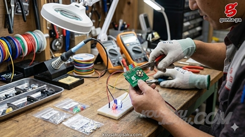 作業台の上で、バックランプLEDフラッシャーユニットの配線を確認する手元。周囲には電子工作用の工具が並び、これからDIYを始める期待感を感じさせる。