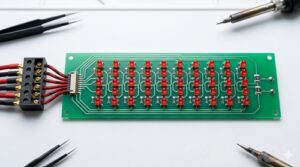 工作自作ドットコムが推奨する正しいLED基板の構成。緑色の基板に赤色LEDが整然と並び、それぞれの直列ラインに対して個別のチップ抵抗が一つずつ丁寧にハンダ付けされている。すべてのLEDに均等に電流が流れる、長寿命で高品質な仕上がり。
