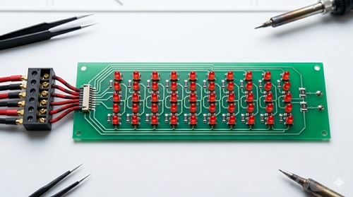 工作自作ドットコムが推奨する正しいLED基板の構成。緑色の基板に赤色LEDが整然と並び、それぞれの直列ラインに対して個別のチップ抵抗が一つずつ丁寧にハンダ付けされている。すべてのLEDに均等に電流が流れる、長寿命で高品質な仕上がり。