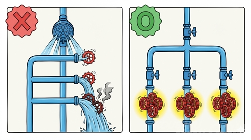 LEDの電流制限を水の流れに例えた比較イラスト。左側の「×」は1つの蛇口(抵抗)を共有しており、一番低い出口(VFの低いLED)から水が溢れ出し、車輪が壊れそうになっている様子。右側の「〇」は出口ごとに個別の蛇口がついており、水の流れが均一にコントロールされ、車輪が安全に回っている様子。