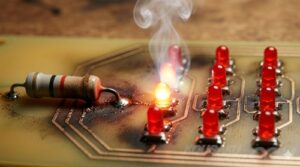 基板上のLED回路で発生した、過負荷による熱破壊のマクロ撮影（接写）。横に寝かせられた1本の制限抵抗のすぐ隣で、特定の1列のLED（SMDタイプ）が激しく炎上し、強い黄色〜白の炎を上げている瞬間。ガラスエポキシ樹脂の基板表面が黒く焦げて煙が立ち上り、隣接する抵抗自体も熱で焼け焦げて変色している。見た目には分からない、内部での致命的な故障を可視化した画像。